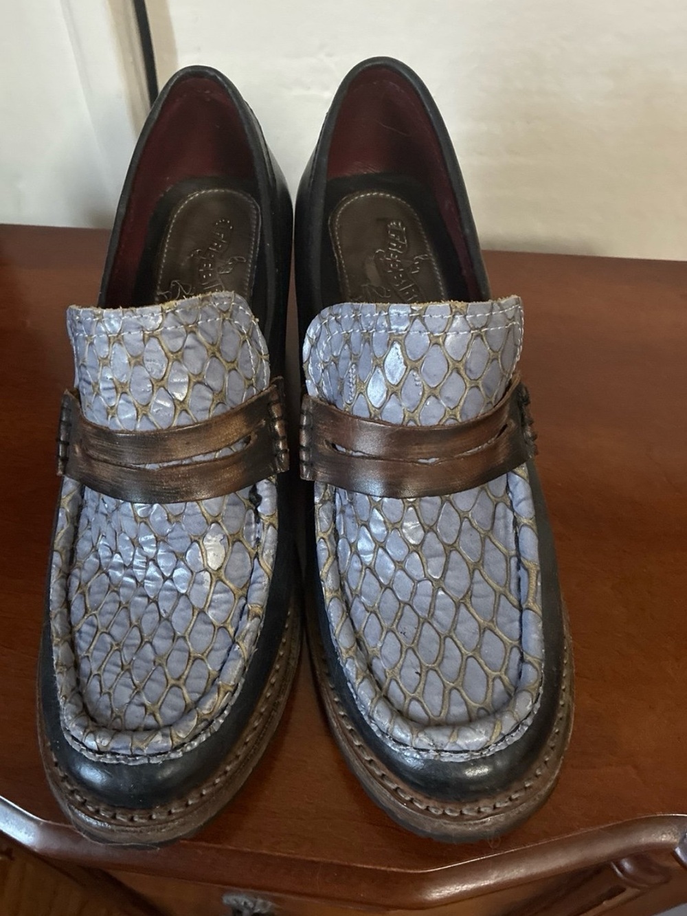 Freebird Black Leather & Lavender Textured Penny Loafer Heels - Women's 7 - Picture 2 of 5